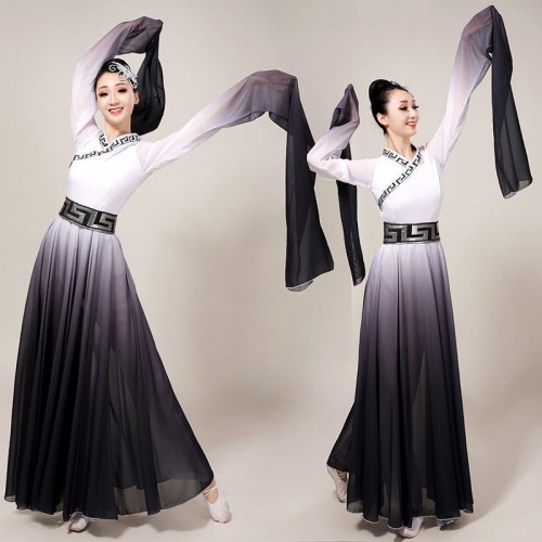 Women black white gradient color chinese folk dance dresses waterfall sleeves yangko dance clothes chinese traditional classical fairy princess dance costumes
